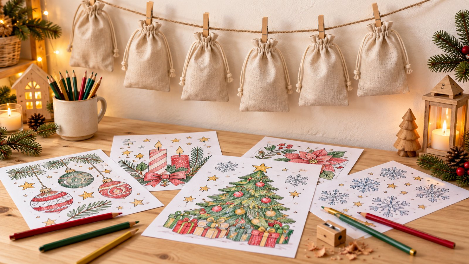 Adventskalender aus Stoffsäckchen an einer Schnur, daneben herausgetrennte Malbuchseiten mit Weihnachtsmotiven und Buntstifte