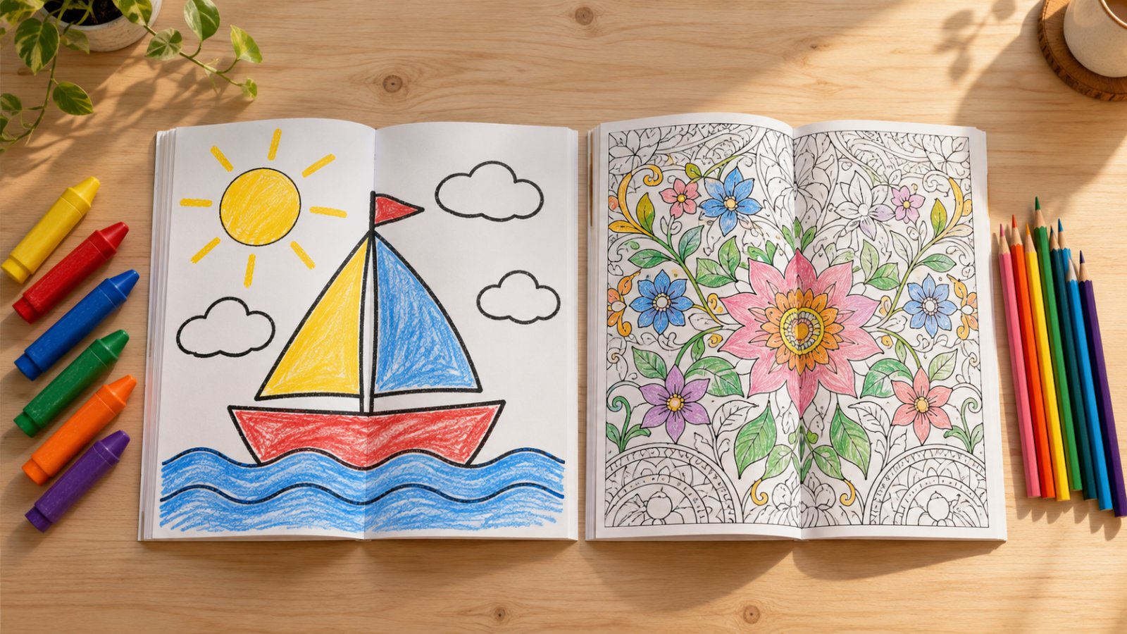 Zwei aufgeschlagene Malbücher nebeneinander, links mit großen Motiven und Wachsmalstiften, rechts mit feinen Mustern und Buntstiften