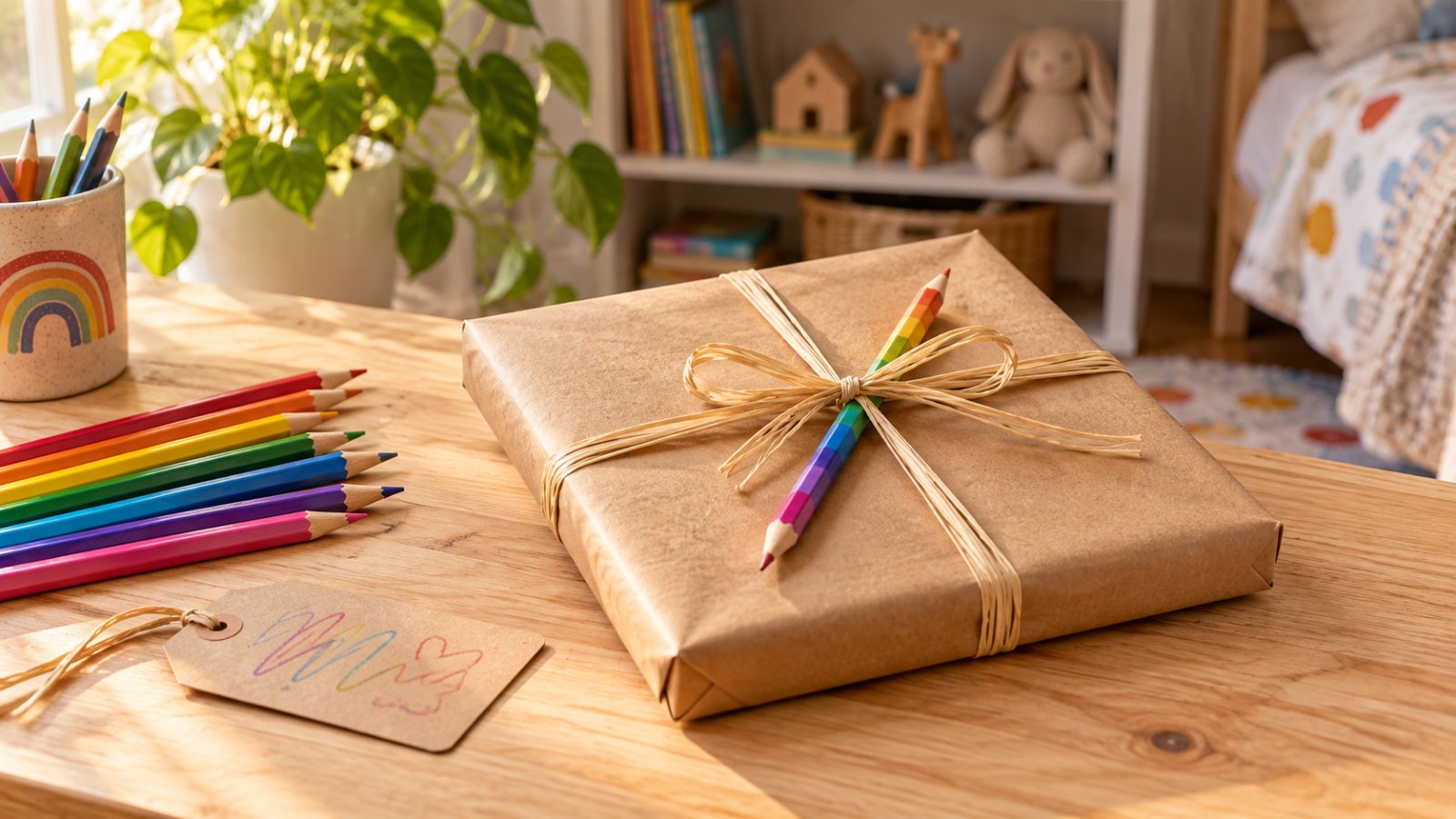 Ein Malbuch als Geschenk verpackt liegt auf dem Tisch