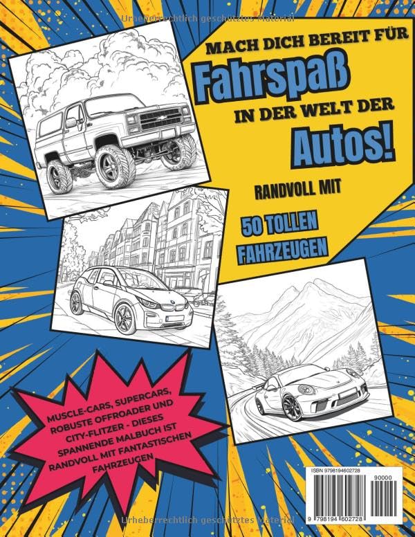 Beispielseite 1 aus Autos! Großes Malbuch: 50 Seiten Malspaß für Kinder – Autos, Muscle-Cars, Supersportwagen, Geländewagen und viele weitere Fahrzeuge