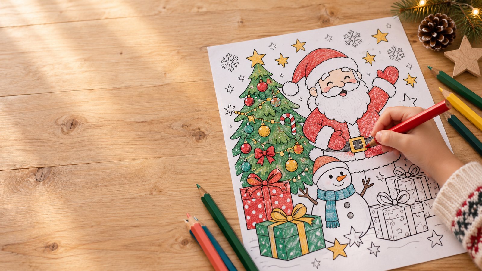 Illustration mit Tannenbaum, Schneemann und Weihnachtsmann